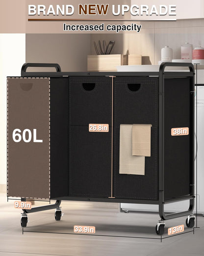 Laundry Sorter 3 Section,Laundry Basket with Wheels,3×15.8 Gal (60L) | Laundry Room Organization with Wooden Desktop Shelf,Pull-Out and Removable 900D Oxford Fabric Laundry Bags for Laundry Room
