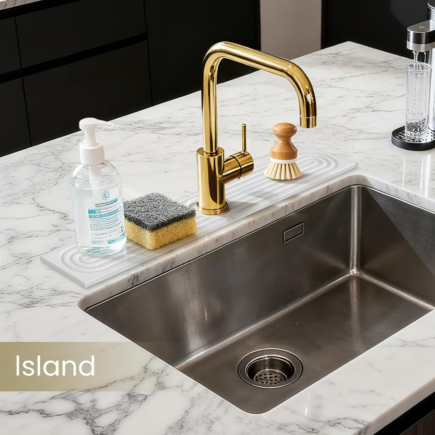 Diatomite Faucet Mat for Kitchen Sink, Quick-Dry Stone-Like Sink Mat, Flat Lay Absorbent Countertop Drying Mat for Faucet Area, Hard Diatomite Mat, Gray, 23.6 x 4 in