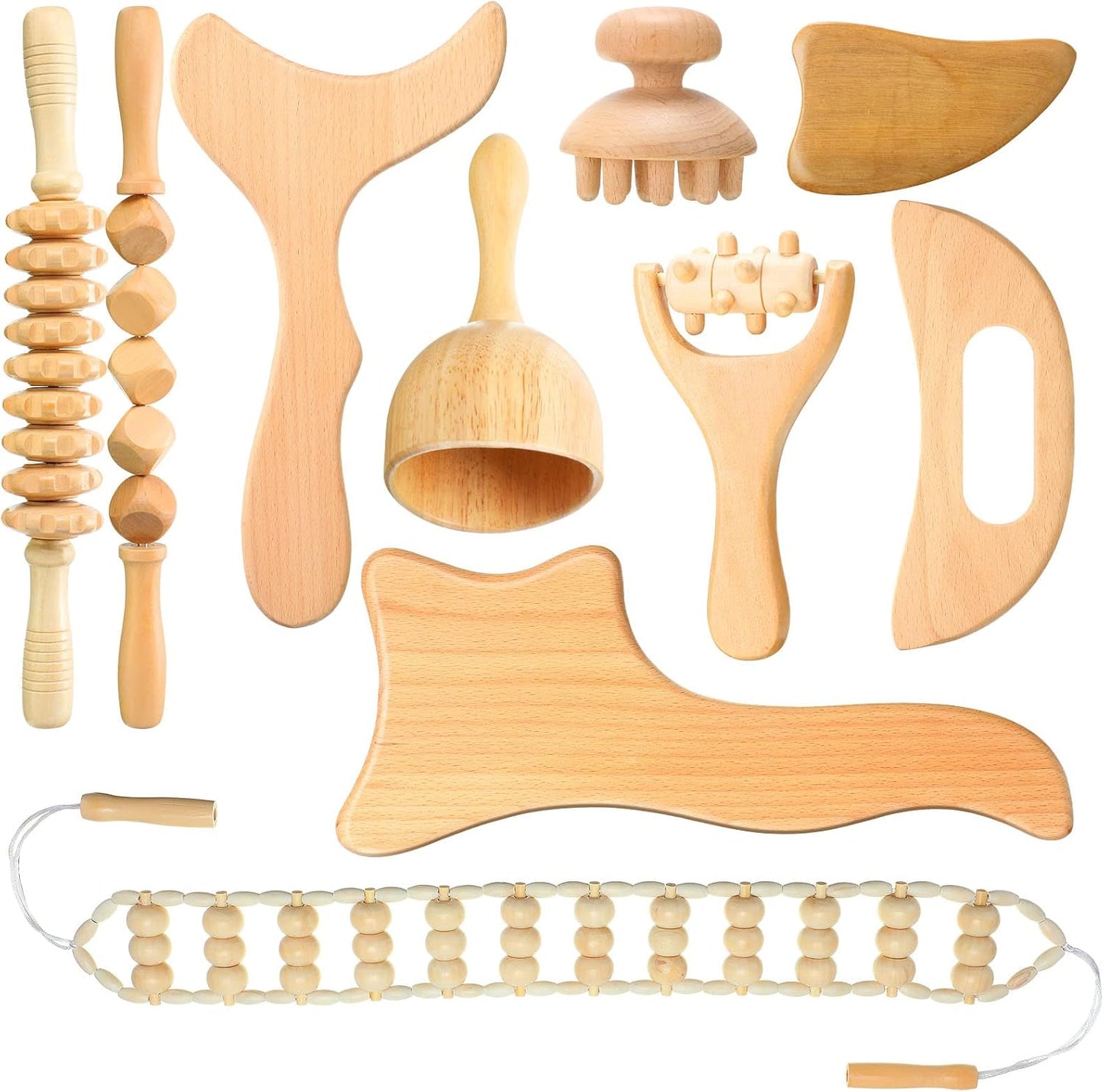 Chumia 10 Pieces Wood Massage Tools Wooden Maderoterapia Kit Therapy Tools Massage Roller Lymphatic Drainage Health Care for Neck Leg Back Arm Body Muscle Pain Relief