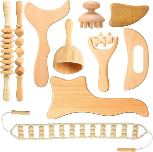 Chumia 10 Pieces Wood Massage Tools Wooden Maderoterapia Kit Therapy Tools Massage Roller Lymphatic Drainage Health Care for Neck Leg Back Arm Body Muscle Pain Relief