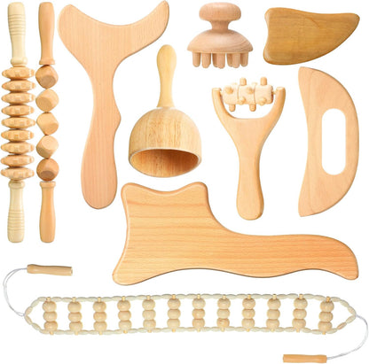 Chumia 10 Pieces Wood Massage Tools Wooden Maderoterapia Kit Therapy Tools Massage Roller Lymphatic Drainage Health Care for Neck Leg Back Arm Body Muscle Pain Relief