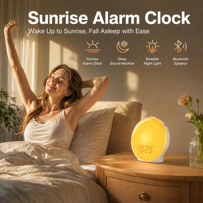JALL Full-Screen Wake Up Light Sunrise Alarm Clocks for Bedrooms, White Noise Machine for Heavy Sleepers, 25 Natural Sounds, Dual Alarms, FM Radio, 17 Dimmable Colors, Bluetooth Speaker