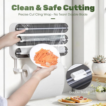 Aluminum Foil & Plastic Wrap Dispenser with Cutter - Magnetic & No-Drill Wall Mount, Cling Film Dispenser with Paper Towel Holder, Space-Saving 4-in-1 Kitchen Organizer - Fits 12" Roll, Black