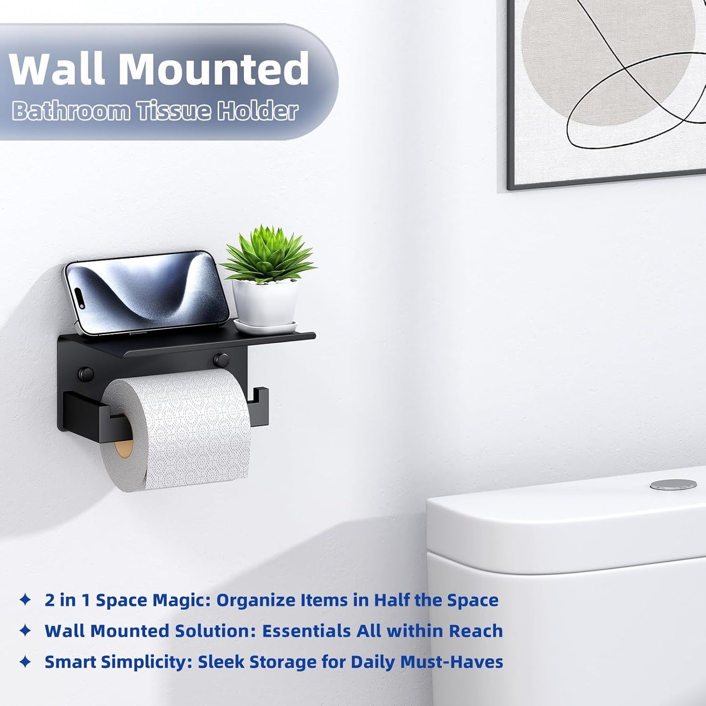 APLusee Matte Black Toilet Paper Holder with Storage Shelf, Wall Mounted | Rustproof 304 Stainless Steel, 2-in-1 Functional Toilet Paper and Phone Storage, Fits Bathroom, Restroom, Vanity, Kitchen