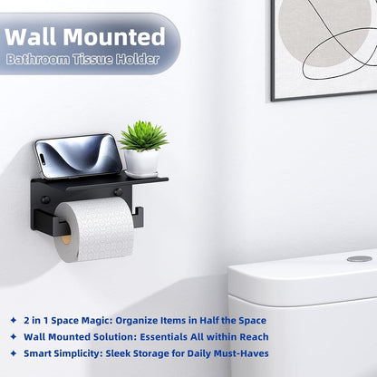 APLusee Matte Black Toilet Paper Holder with Storage Shelf, Wall Mounted | Rustproof 304 Stainless Steel, 2-in-1 Functional Toilet Paper and Phone Storage, Fits Bathroom, Restroom, Vanity, Kitchen