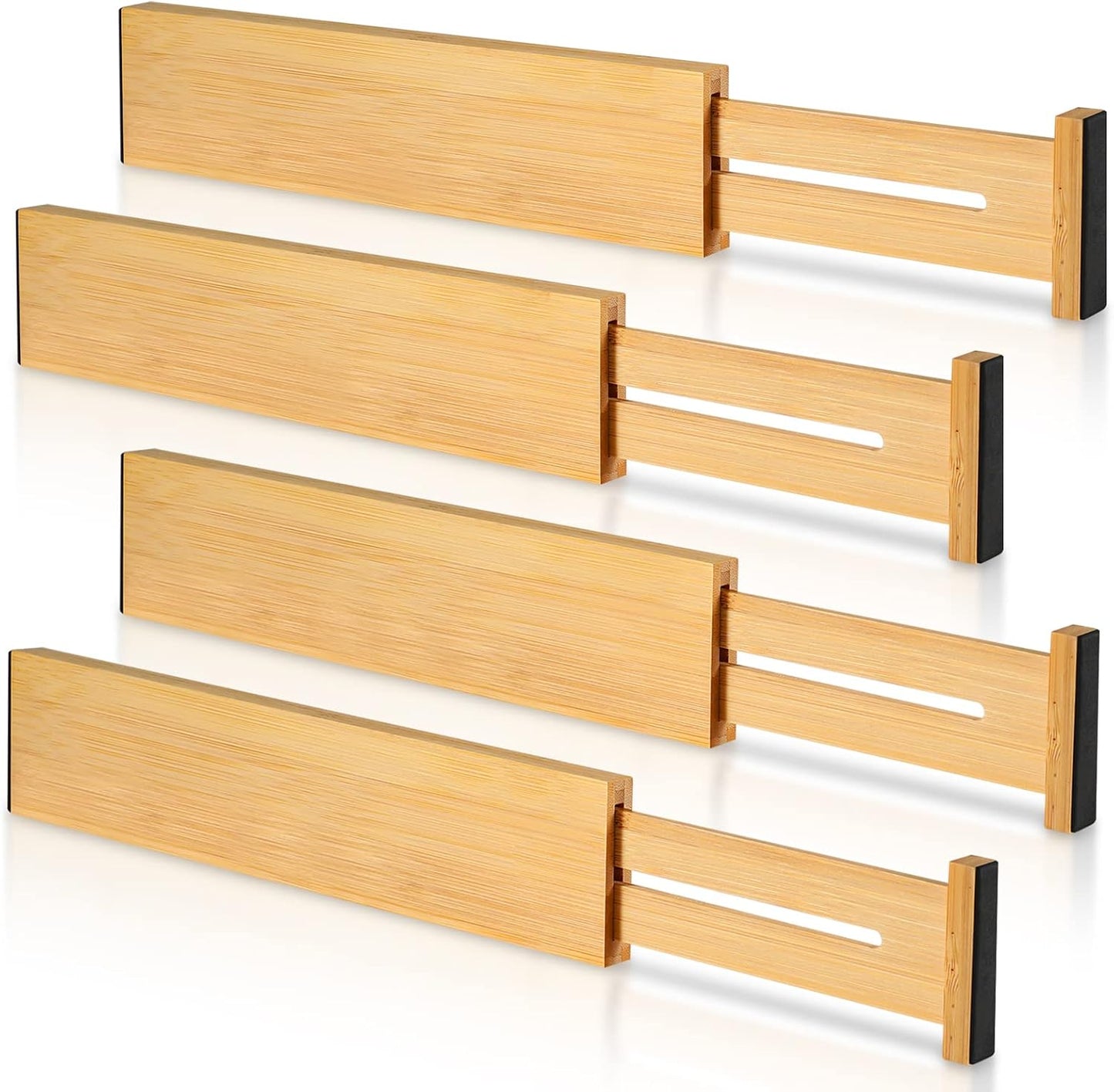 4 Pack Bamboo Drawer Dividers Organizer with Inserts 2.6'' High | Expandable from 12.5-21.7", Adjustable Drawer Organizer Separators for Utensils, Clothing, Office, Dresser, Bedroom, (Beige)