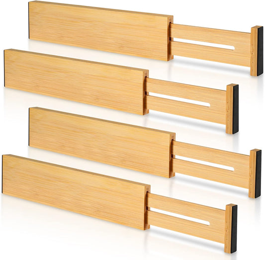4 Pack Bamboo Drawer Dividers Organizer with Inserts 2.6'' High | Expandable from 12.5-21.7", Adjustable Drawer Organizer Separators for Utensils, Clothing, Office, Dresser, Bedroom, (Beige)