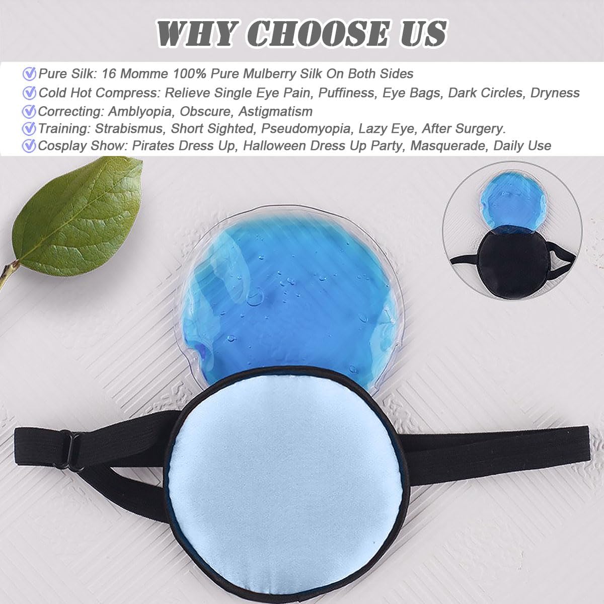 Cooling Eye Patches for Puffy Eyes, Pure Silk Ice Eye Patch, Single Eye Mask, Medical One Eye Cover Cold Hot Therapy Strabismus Lazy Eyes After Surgery Adult Kid Pirate Eyepatch (Black)