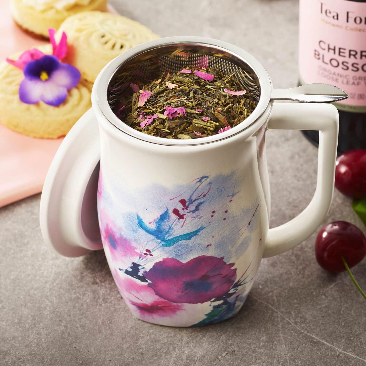 Tea Forte Ceramic Fiore Tea Cup with Infuser, Blue Agave, 14 oz | Insulated Ceramic - Stainless Steel Loose Leaf Infuser - Keeps Tea Hot Longer - Lid Included - Microwave & Dishwasher Safe