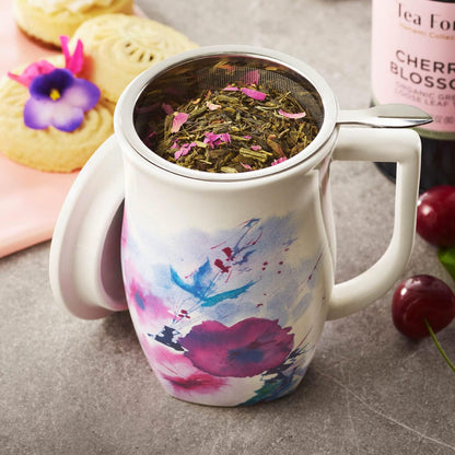 Tea Forte Ceramic Fiore Tea Cup with Infuser, Blue Agave, 14 oz | Insulated Ceramic - Stainless Steel Loose Leaf Infuser - Keeps Tea Hot Longer - Lid Included - Microwave & Dishwasher Safe