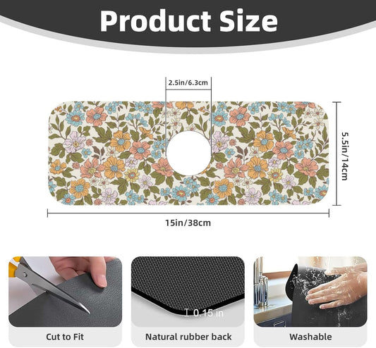 Faucet Draining Mat For Kitchen Sink, Colorful Flowers Floral Diatom Mud Absorbent Drain Pad For Bathroom Kitchen Sink Splash Guard Drying Mat