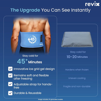 REVIX Ice Pack for Injuries Reusable, 14 × 7" Gel Cold Compress with Strap | 45-Min Long-Lasting Gel Cold Pack for Knee, Shoulder, Lower Back, Leg, Flexible Ice Wrap, Universal Use for Arm, Hip