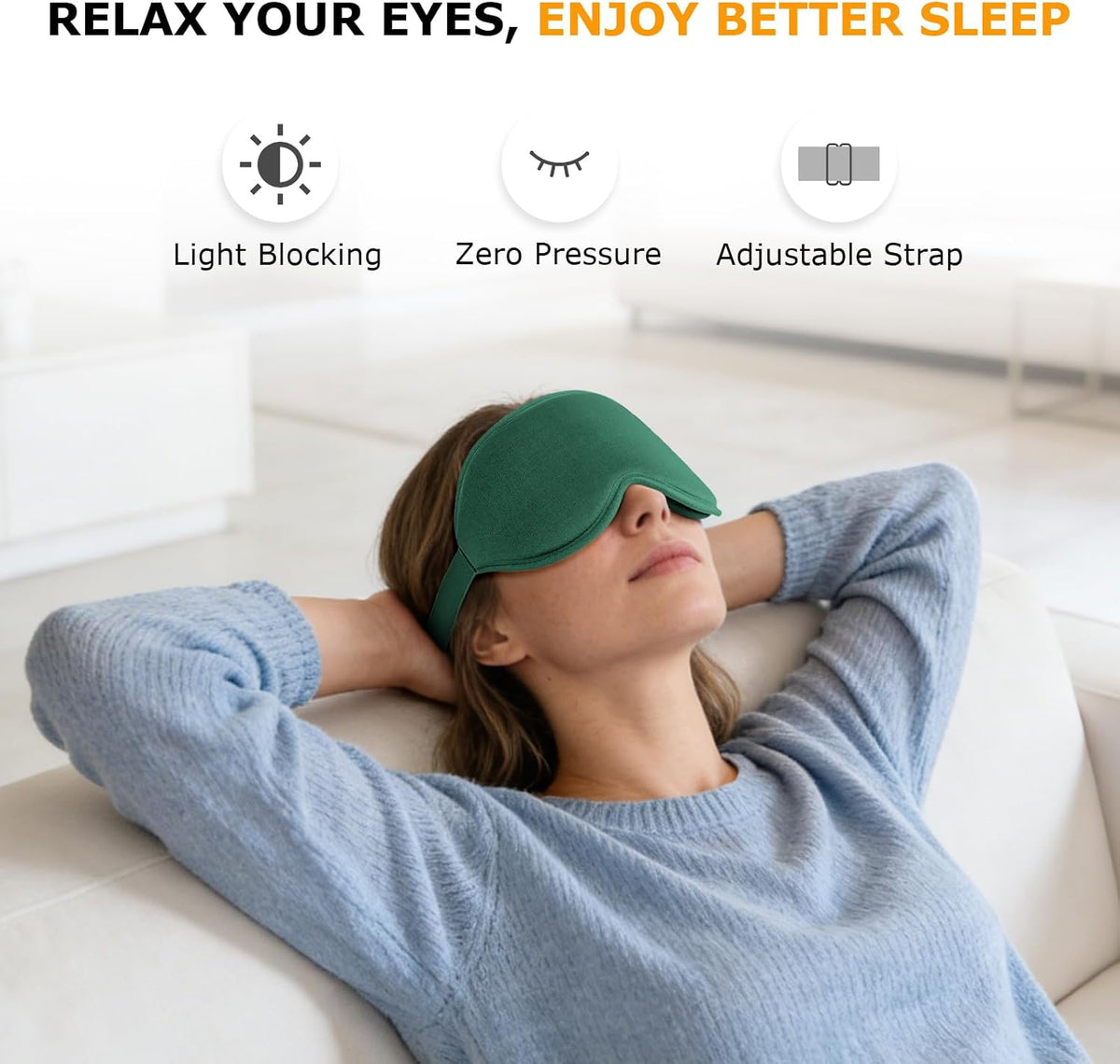 Sleep Mask for Side Sleepers, 3D Contoured Eye Mask with Thickened Padded Nose Bridge for Total Light Blockout, Relaxing Sleeping Mask with Adjustable Strap for Nap, Travel, Hotel, Yoga,Green