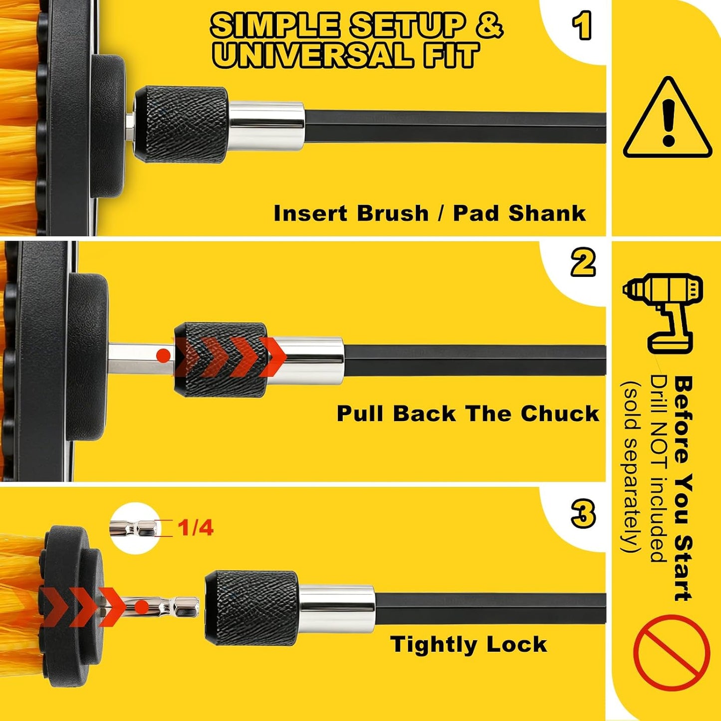 6Pcs Drill Brush Cleaning Kit with Extendable Rod, Yellow | Power Scrubber Attachments, For Shower, Tub, Tile, Grout, For Kitchen and Car