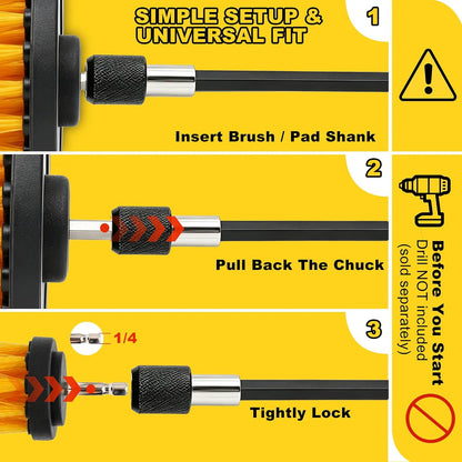 6Pcs Drill Brush Cleaning Kit with Extendable Rod, Yellow | Power Scrubber Attachments, For Shower, Tub, Tile, Grout, For Kitchen and Car