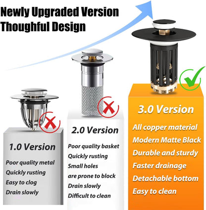 Anlige Bathroom Sink Drain Strainer, 3 in 1 Pop Up Bathroom Sink Stopper with Removable Brass Basket Hair Catcher, Universal Sink Plug for 1.06 to 1.6in Drain Hole, Chrome Silver