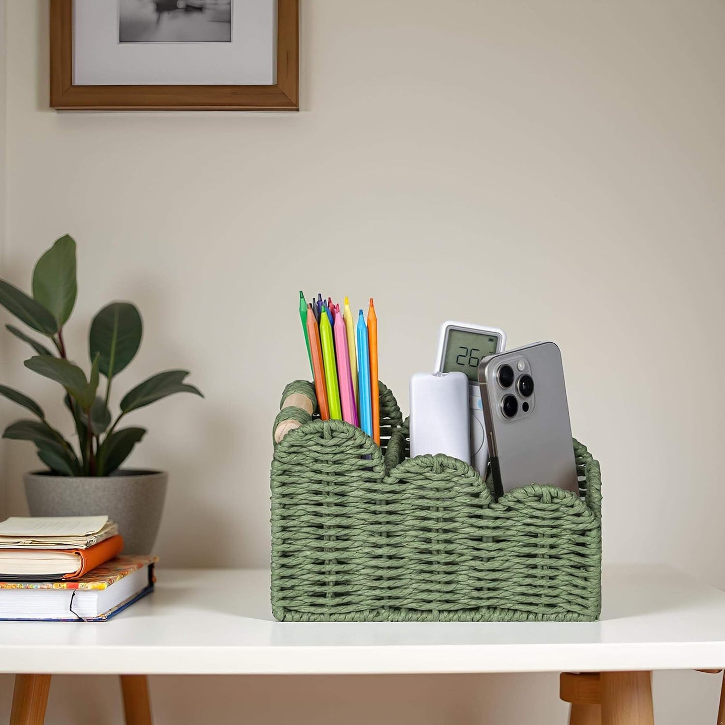 CubesLand Bedside Table Desk Organizer Caddy, Remote Pen&Pencil Holder Cup | Makeup Brush Holder w/Scalloped Perfect for Home, Office Desk, Living Room Table Decor, 3 Slots Neutral
