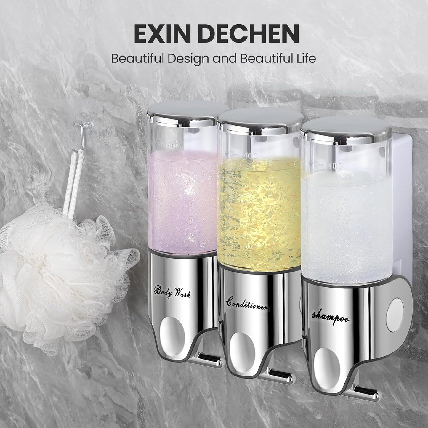 EXIN DECHEN Shampoo and Conditioner Dispenser(Triple x 16.9 oz,Clear) | Easy Installation,Wall-Mounted,Bottle Separable,Large Capacity,Shower Shampoo Conditioner Body Wash Dispenser for Bathroom