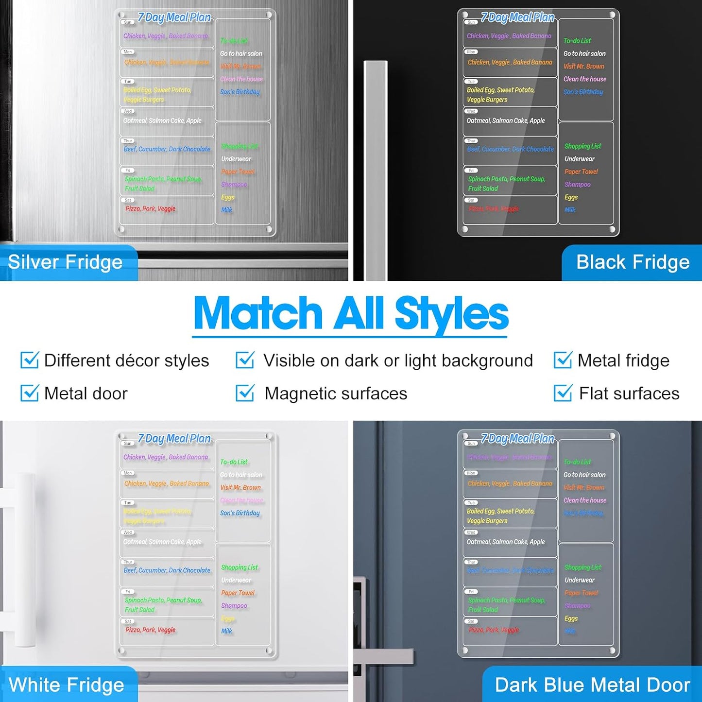 Acrylic Meal Planner Weekly Calendar Menu Board for Kitchen, w/ 8 Markers | Clear Weekly Fridge Calendar Planning Note Board Dry Erase to Do/Grocery/Shopping List/Chore Chart, 12.8x9’’