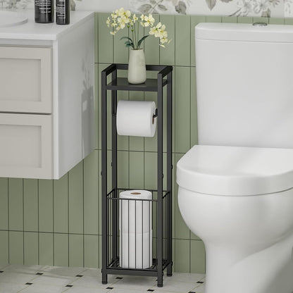 Narrow Side Toilet Paper Holder with Storage Shelf | Freestanding Roll Holder for Bathroom, Small Space, Bathroom Tissue & More