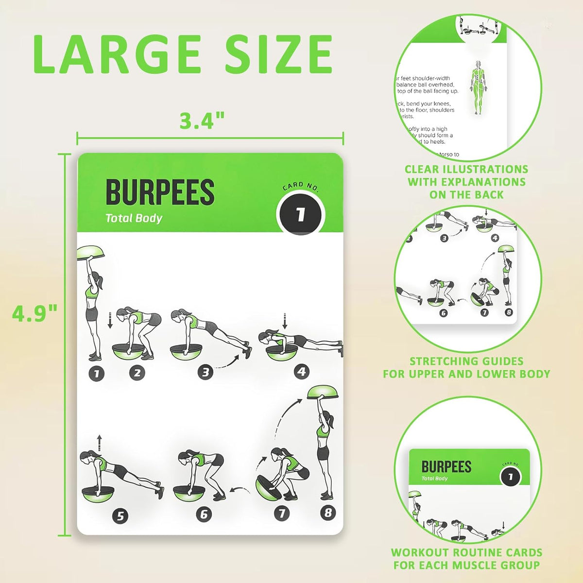 Half Balance Ball Workout Cards, 62 Exercises Cards Deck Large Size 5" x 3.5" Fitness Cards for Women & Men, Beginner Fitness Guide to Training Exercises at Home or Gym