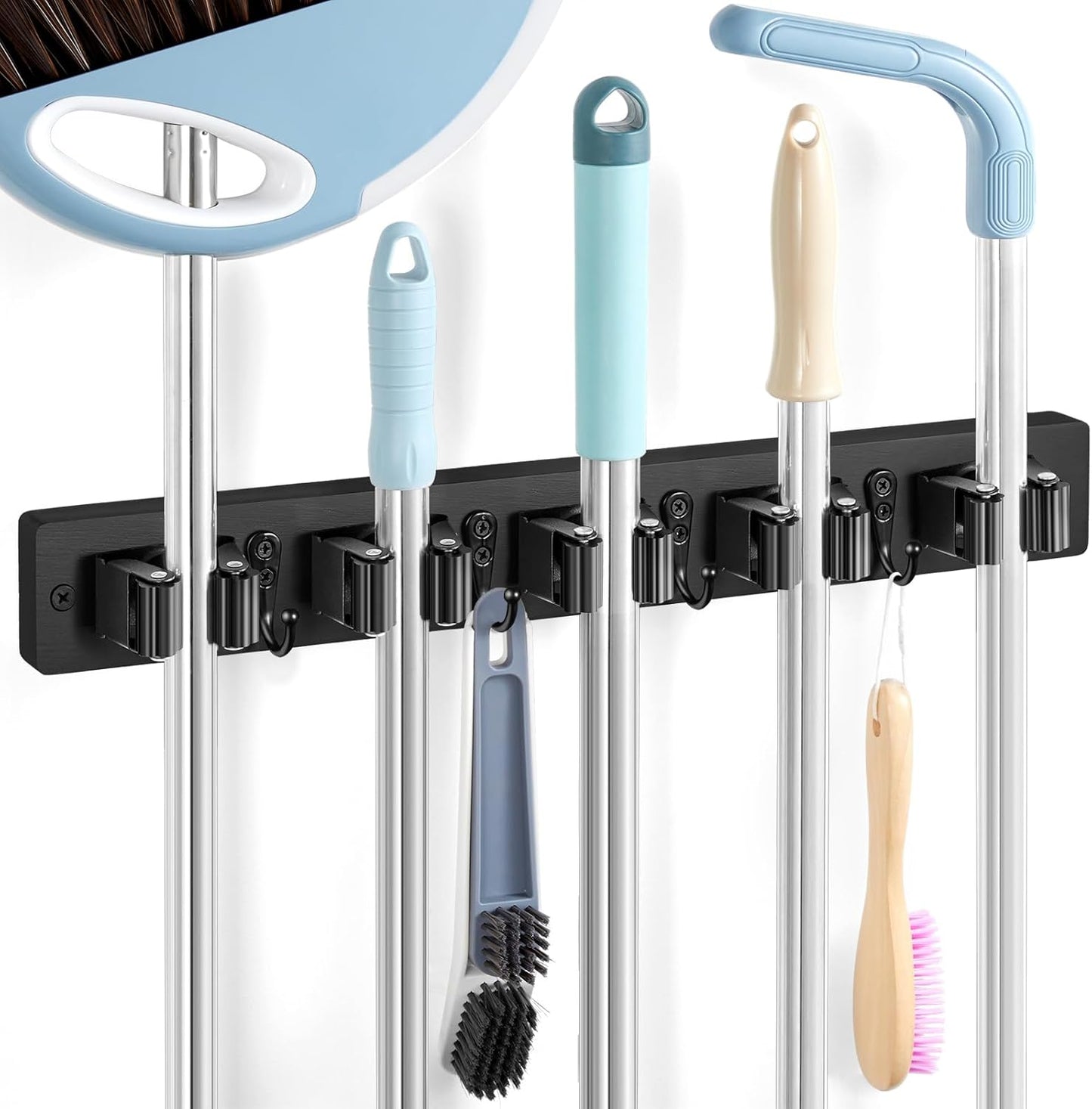 White Broom Holder Wall Mount - Heavy Duty Wood Mop and Broom Organizer with 5 Slots & 4 Hooks - Garden Tool Hanger for Laundry Room Closet Kitchen Garage Storage and Organization - Modern Home Decor