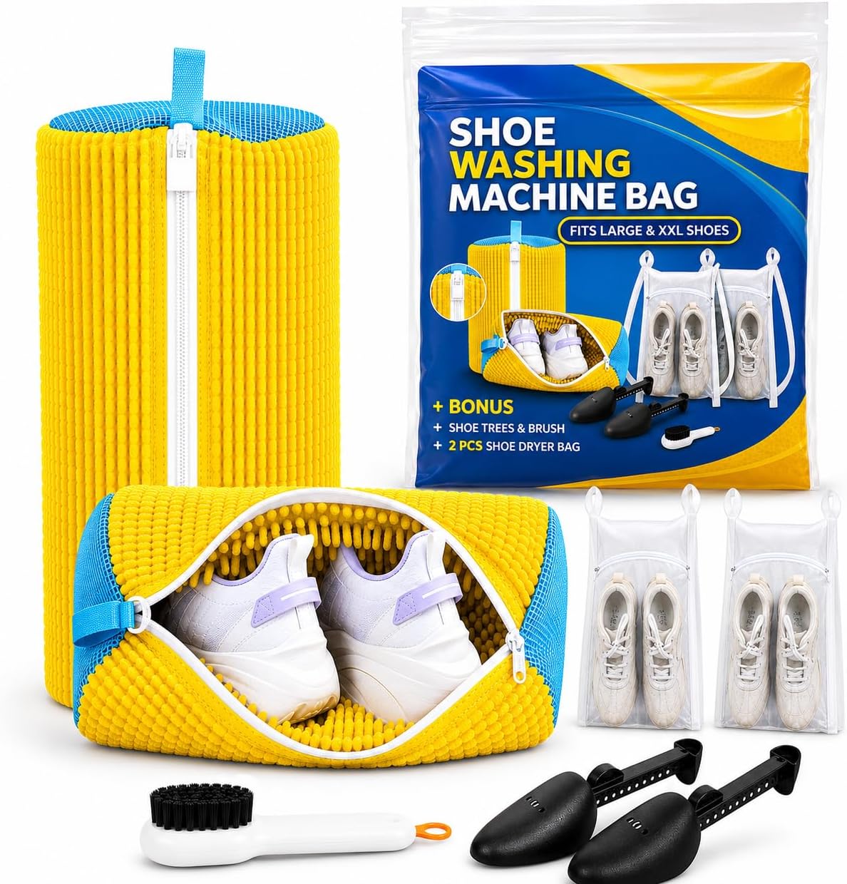 6-in-1 Premium Shoe Washing Machine Bag Kit – Laundry Shoe Bag for Washer & Dryer Safe, Reusable Sneaker Cleaning Bags with Microfiber, Auto-Lock Zipper, Includes Brush, Shoe Trees & Drying Bag
