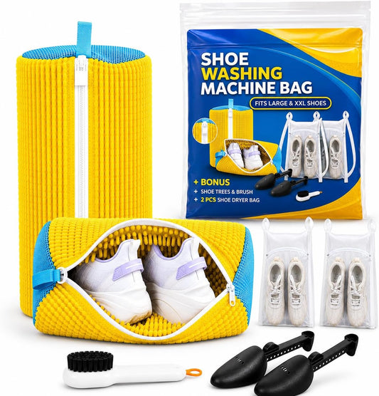 6-in-1 Premium Shoe Washing Machine Bag Kit – Laundry Shoe Bag for Washer & Dryer Safe, Reusable Sneaker Cleaning Bags with Microfiber, Auto-Lock Zipper, Includes Brush, Shoe Trees & Drying Bag