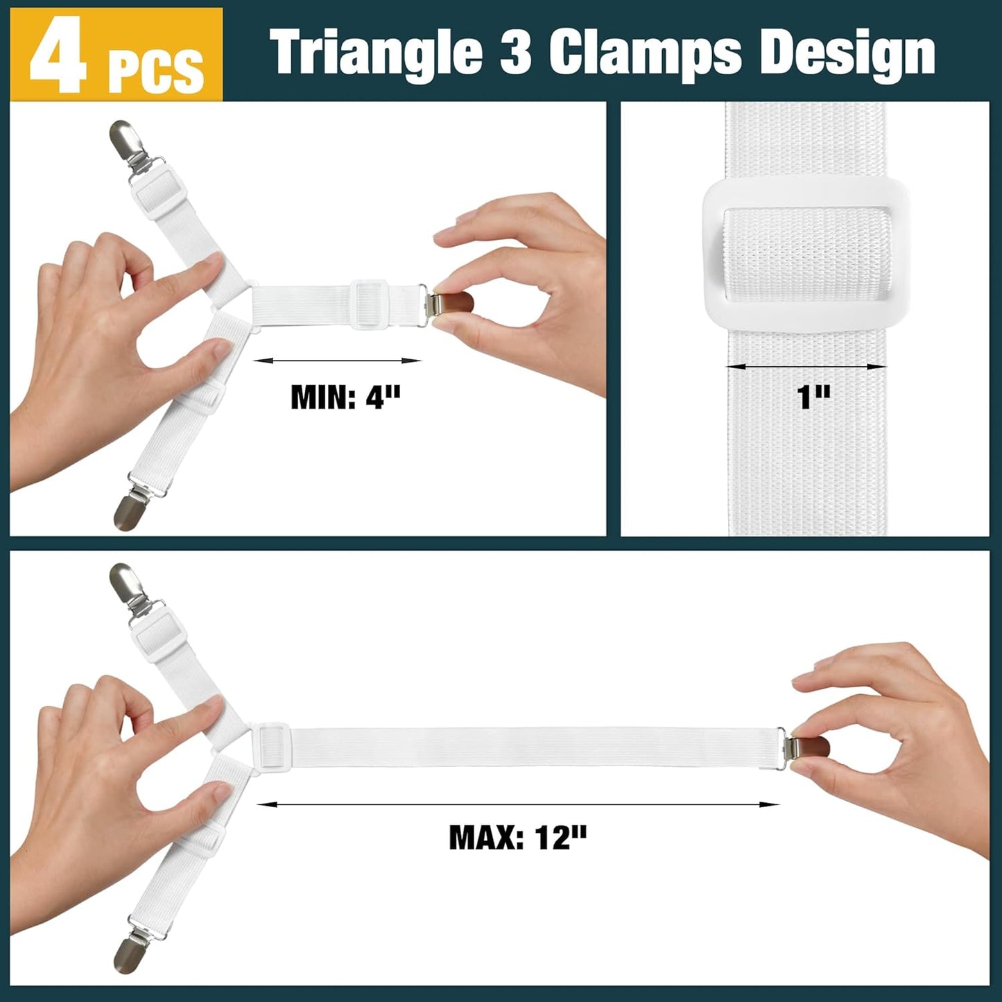 4 Pack Adjustable Elastic Straps with Metal Clips, Bed Sheet Fasteners, Bedding Suspenders for Mattress Covers, Bed Corner Holders and Keepers (White)