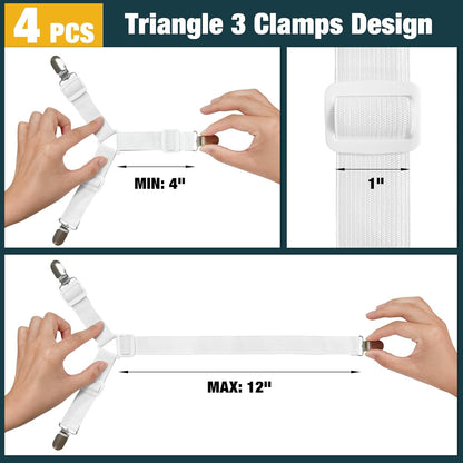 4 Pack Adjustable Elastic Straps with Metal Clips, Bed Sheet Fasteners, Bedding Suspenders for Mattress Covers, Bed Corner Holders and Keepers (White)