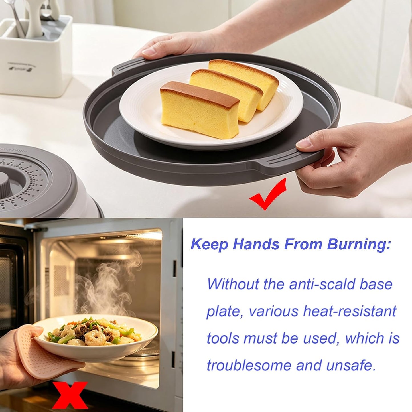 10.6" Microwave Splatter Cover with Anti-Scald Base Mat, Collapsible Food Cover for Plates & Bowls, BPA-Free Silicone Guard Lid with Vented Holes, Dishwasher Safe Kitchen Essential Gadgets