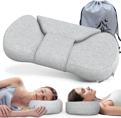 Cervical Neck Roll Pillow, Say Goodbye to Neck Pain, Travel Neck Support Pillow for Side Sleepers, Ergonomic Memory Foam Camping Pillow, Cervical Traction Device with Storage Bag (Blue)