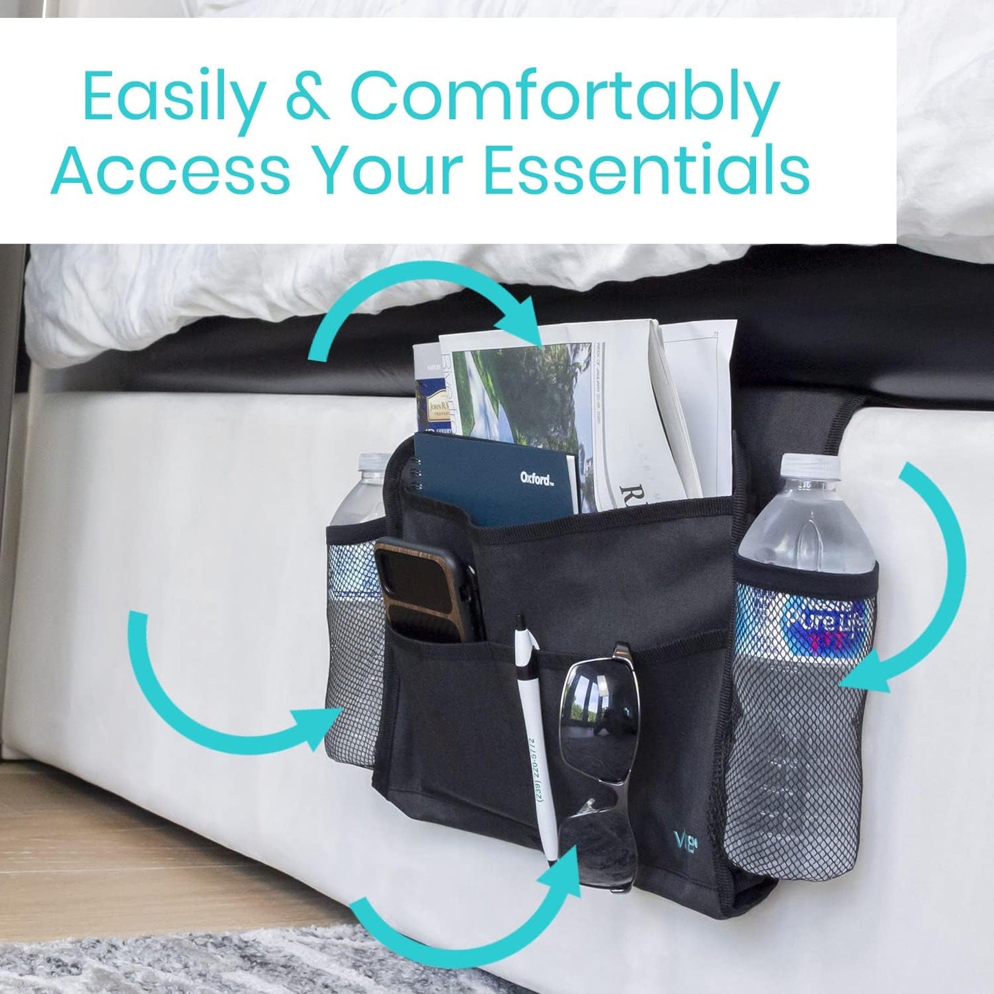Vive Bedside Caddy - Bed Hanging Organizer - Storage Bag Shelf for College Dorm, Bedroom, Couch, Bunk - 8 Large Pockets with Charger Slots for Men and Women - Slides Under Mattress - Handle for Travel | Dorm, Bedroom, Couch, Bunk - 8 Large Pockets with