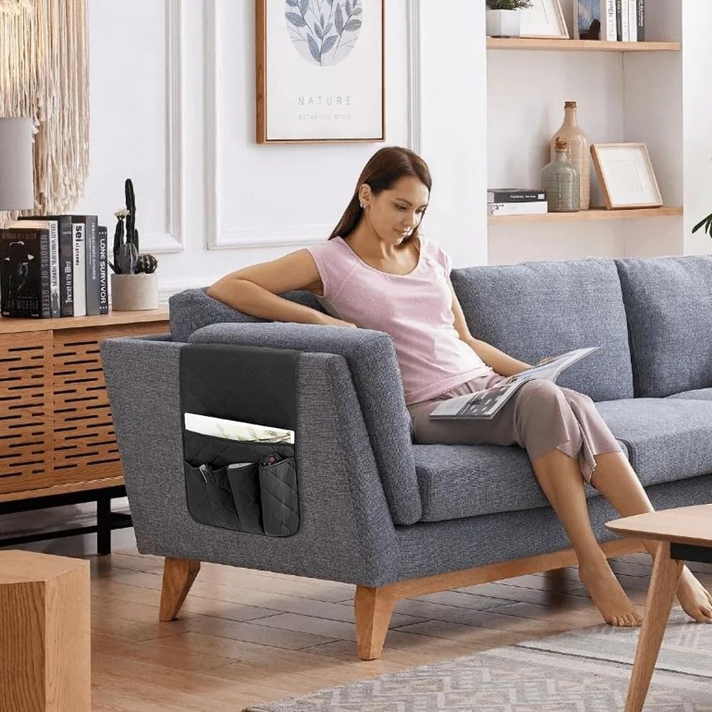 RETON Sofa Armrest Organizer with 5 Pockets, Non Slip Remote Control Caddy with 8 Pieces of Hook and Loop Fasteners, Armchair Caddy Holder Storage for Magazine Recliner Book TV Phone (Black)