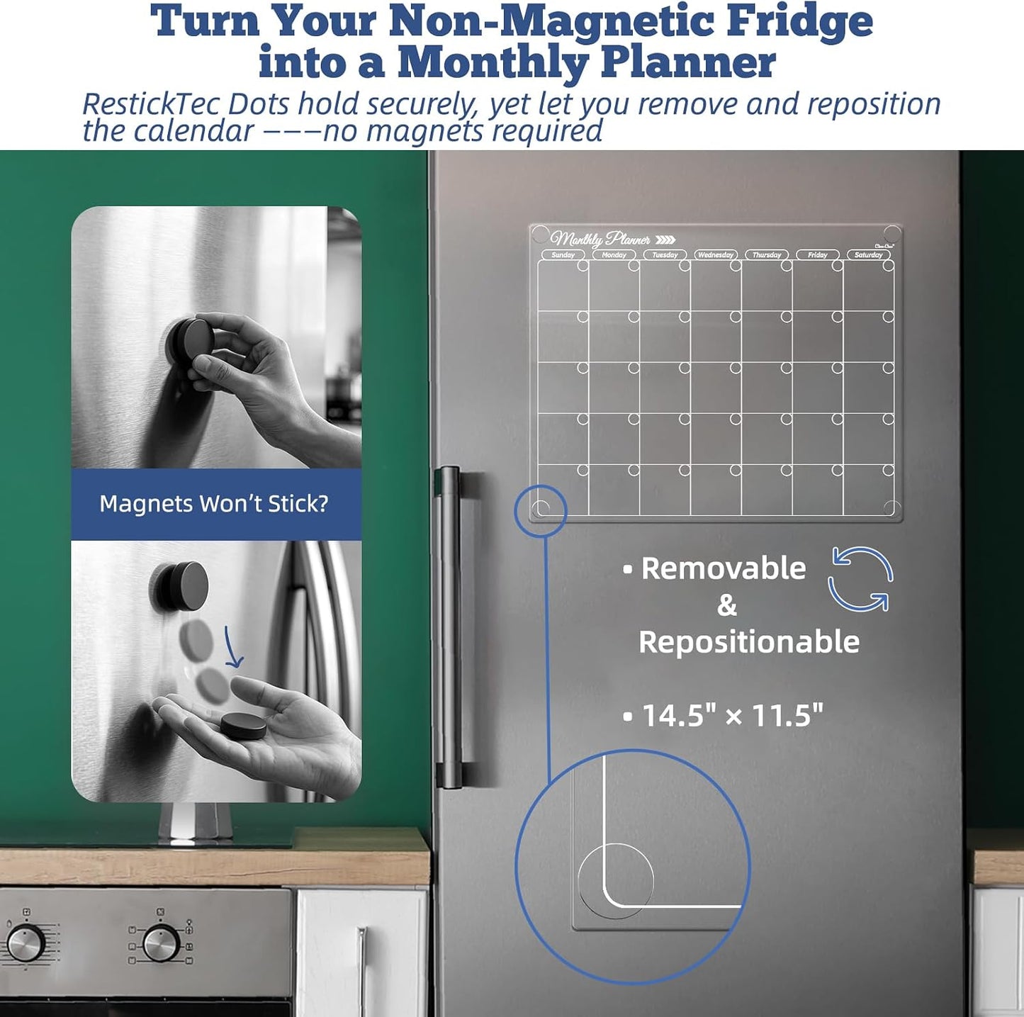 Clear Non-Magnetic Calendar Set for Fridge - Dry Erase Transparent Monthly and Weekly Calendar, List and Blank Whiteboard - Sticks to Wall, Glass, Door, Any Smooth Surfaces