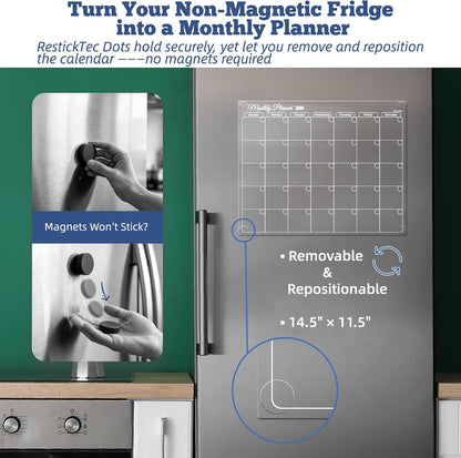 Clear Non-Magnetic Calendar Set for Fridge - Dry Erase Transparent Monthly and Weekly Calendar, List and Blank Whiteboard - Sticks to Wall, Glass, Door, Any Smooth Surfaces