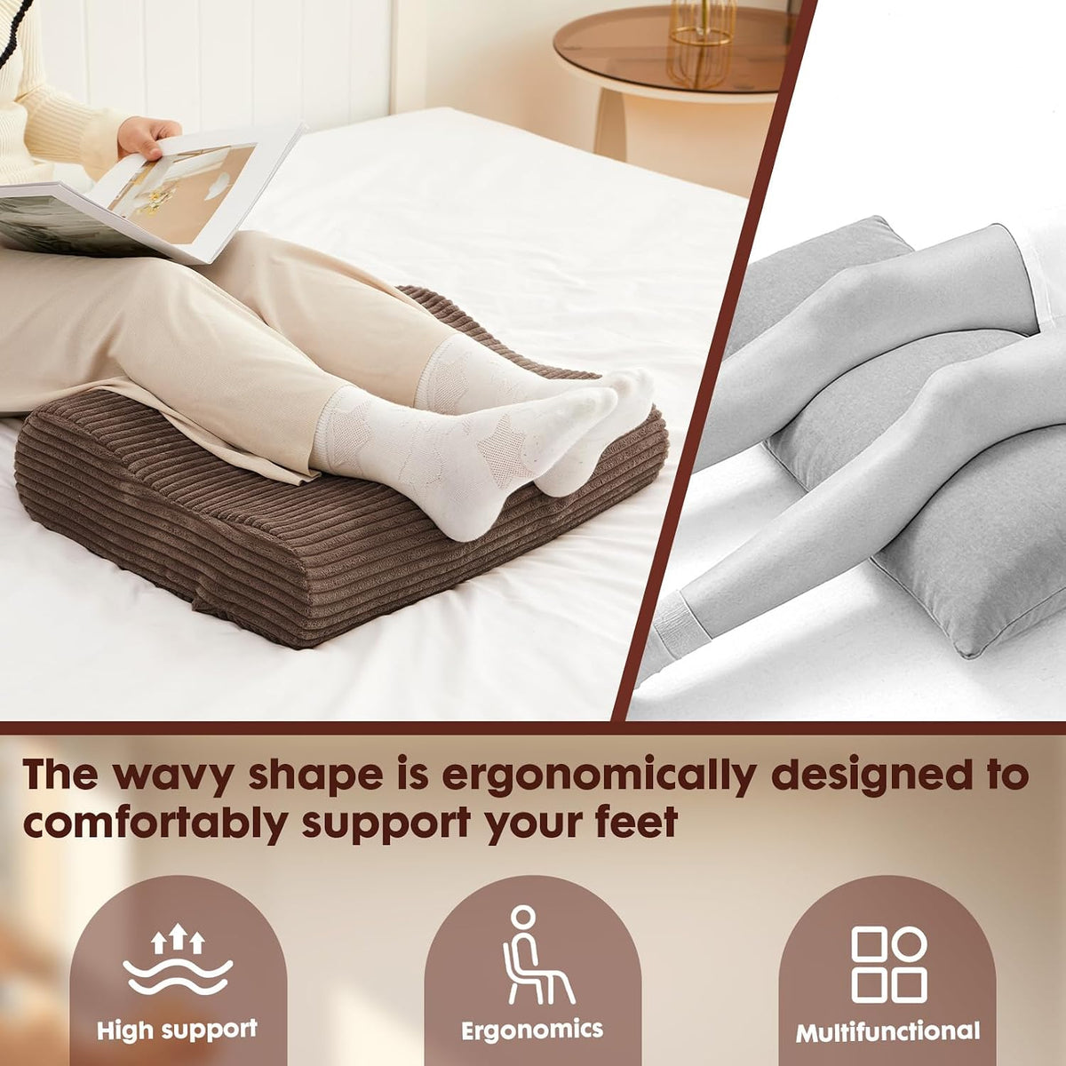 B Shape Corduroy Recliner Foot Pillow, Foam Extra Large Foot Rest Cushion with Adjustable Straps, Suitable for Bed Chair Sofa Headrest Back Lumbar Leg Support Pillow (Light Brown)