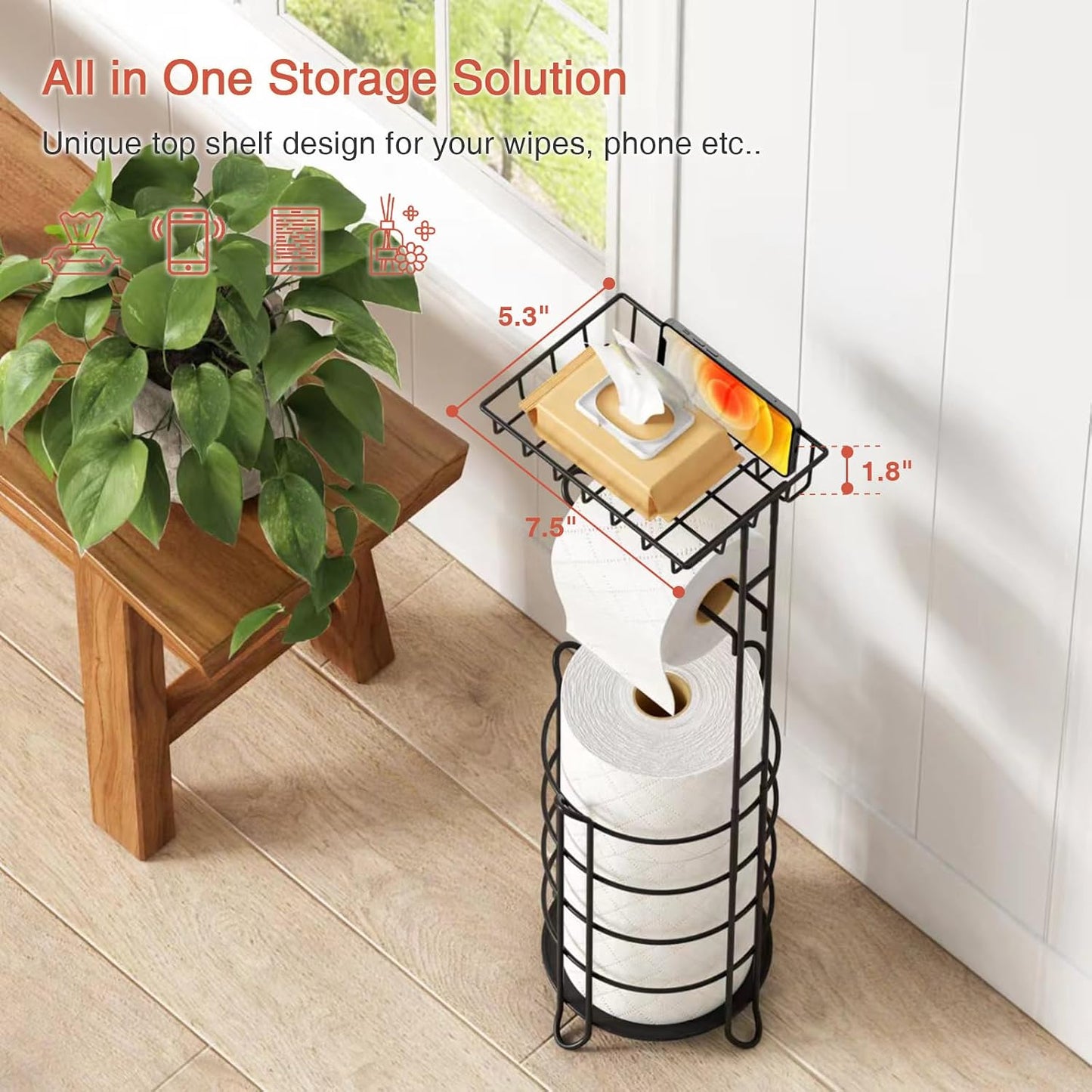 Goozii Gold Free Standing Toilet Paper Holder Stand with Phone Shelf, Floor Bathroom Tissue Holder for Large Mega Rolls, Metal Freestanding Toilet Paper Roll Holder with Wipes Storage Tray