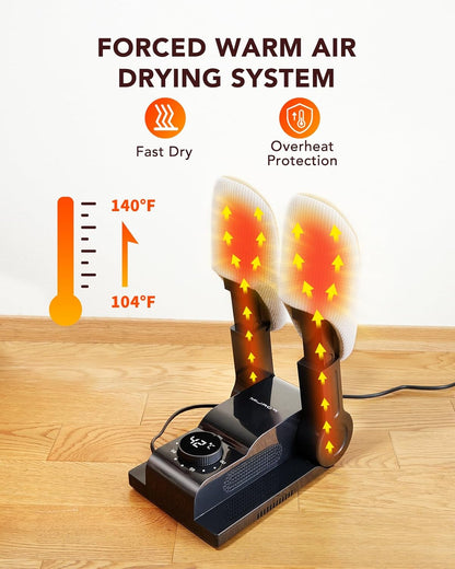 FORLIM Shoe & Boot Dryer for Work Boots, Forced Air, 2-Hour Timer, Black | Telescopic Ports Reach Toe Boxes; 180° Rack Fits Sneakers, Gloves, Ski Gear, Cleats, Workers, Families, Hunters, Rain, Snow
