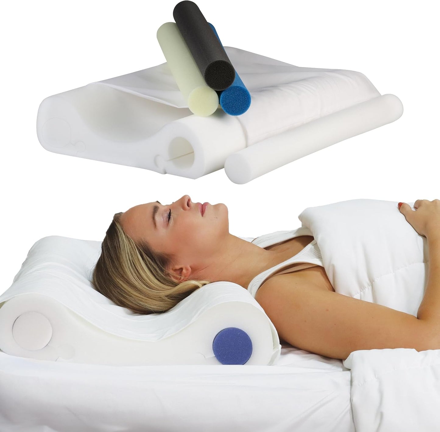 Adjustable Cervical Pillow for Neck Pain Relief, Side & Back Sleepers | Double Core Select features four interchangeable support cores for personalized cervical support and spinal alignment.