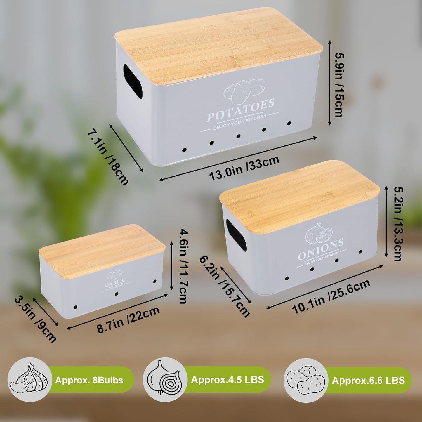 Kitchen Vegetable Storage Set of 3, Metal Onion Garlic Potato Storage Set, Kitchen Canisters Vegetable Keeper Containers with Aerating Holes and Bamboo Lid,Black
