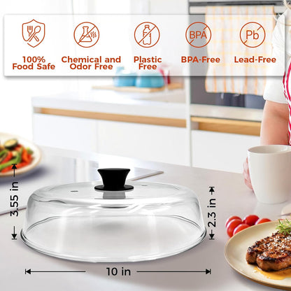 Glass Microwave Splatter Cover for Food, 10 In Glass Microwave Splatter Guard with Vent Hole, BPA Free, Easy-Grip Silicone Knob, Dishwasher Safe, Food Grade, Heat Resistant, No Plastic