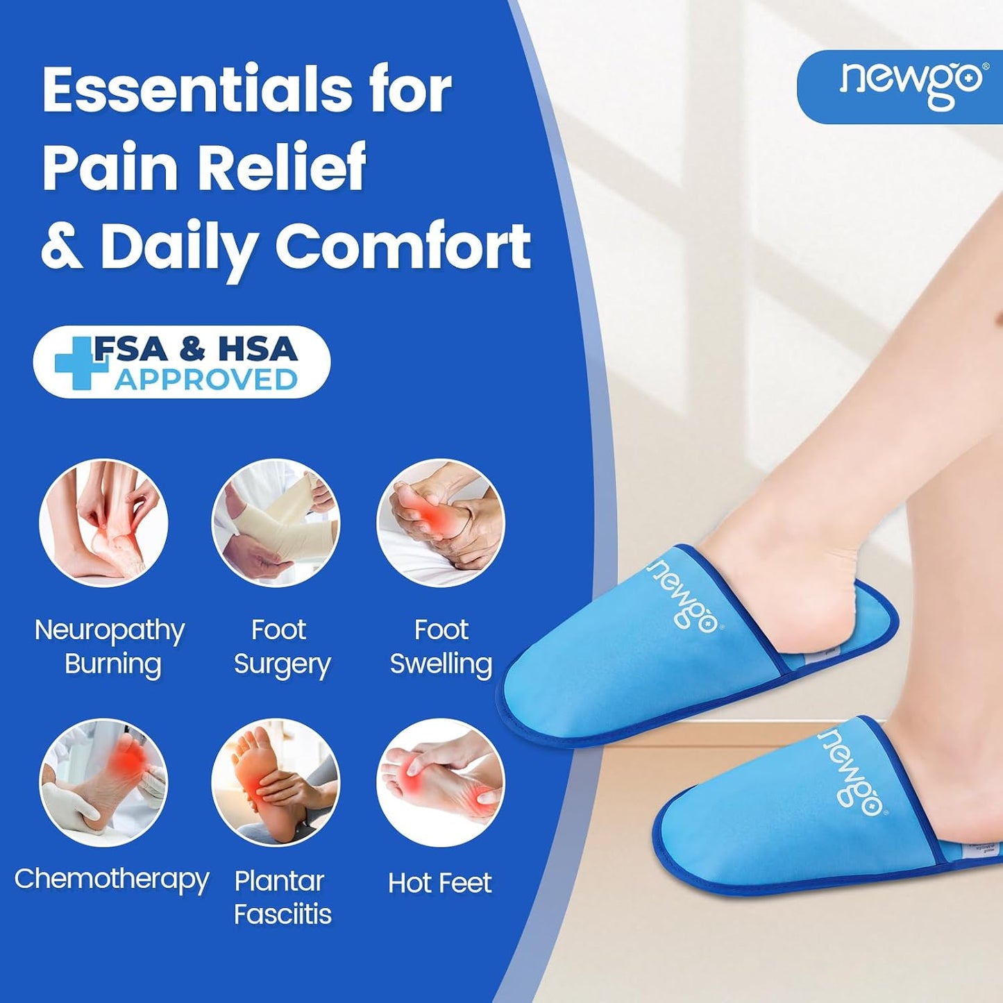 NEWGO Foot Ice Pack Slippers for Plantar Fasciitis and Neuropathy, HSA or FSA Eligible 2 Pack Gel Ice Slippers Hot Cold Pack for Bunion Surgery Pain Relief, Burning Feet | Hot/cold Therapy for Neuropathy, Reusable and Soothing Relief, Bunion Surgery