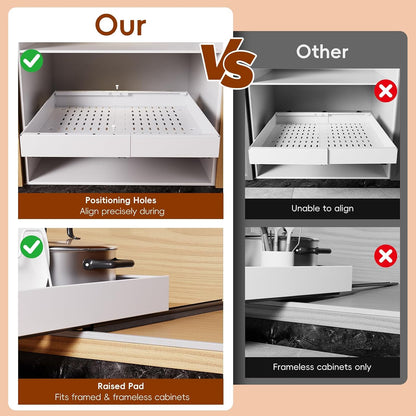 Pull Out Cabinet Organizer, 21"Deep Slide Out Drawers for Kitchen Cabinets | Adjustable Width 12.05"-20.4", For Framed/Frameless cabinets, No Drill Adhesive, 3‑Rail Smooth Glide, Height-Raising Pads