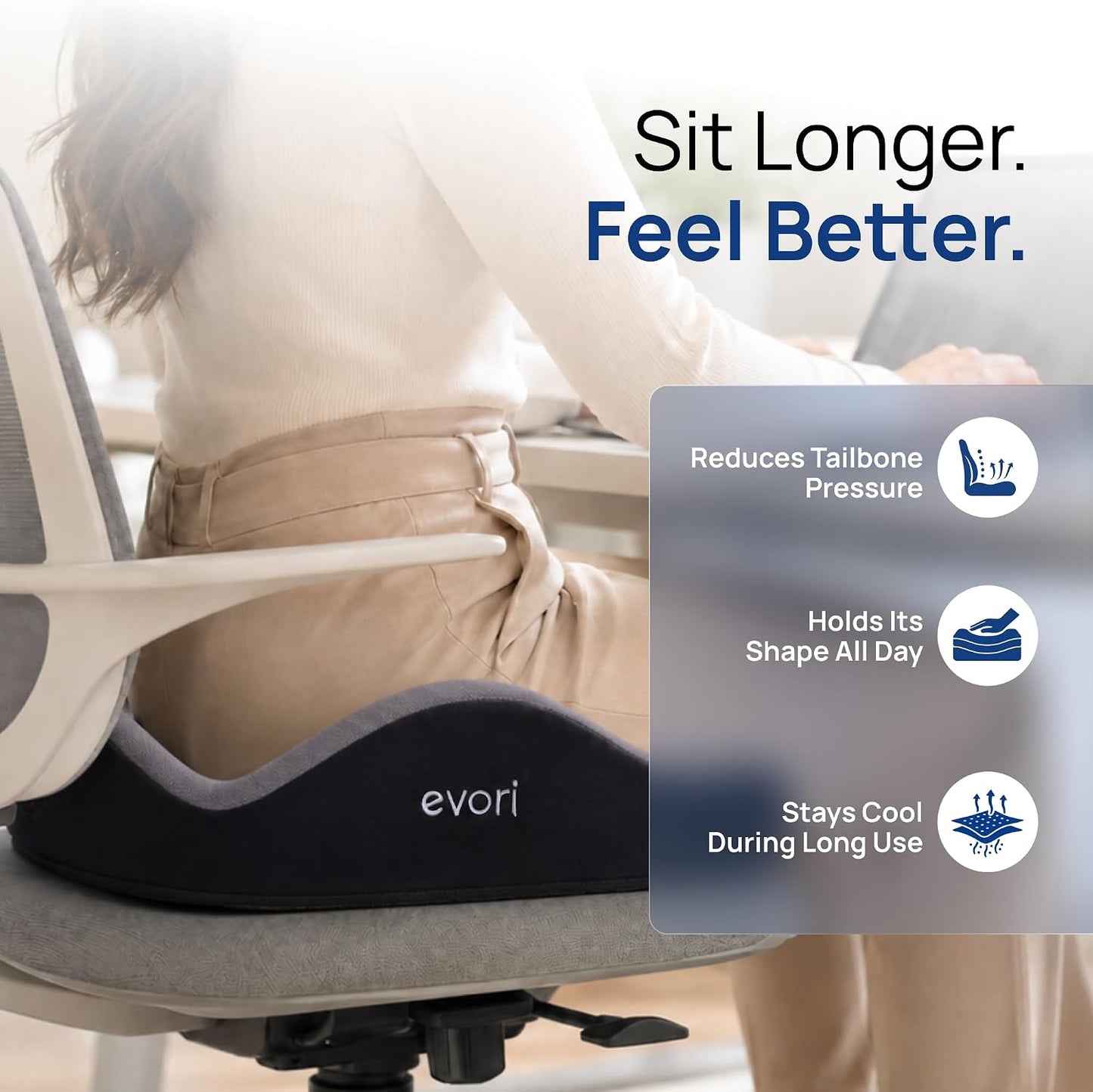 evori Comfort Cushion, Memory Foam Tailbone Seat Cushion for Office Chair | Contoured nonslip coccyx cutout pad for posture and lower back support, machine washable cover, desk, car and gaming chairs