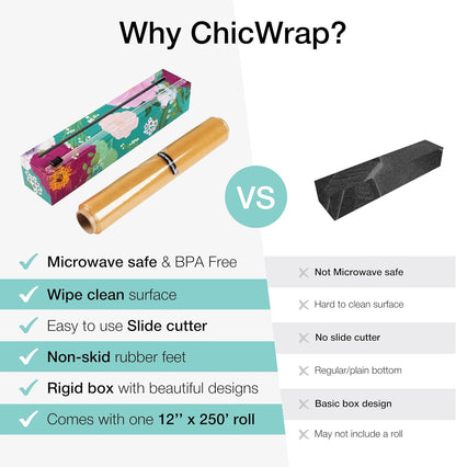 Chicwrap Veggies Refillable Plastic Wrap Dispenser - Includes One 12" x 250' Roll of Professional Grade Plastic Wrap - BPA Free and Kosher Certified - Reusable Dispenser w/Slide Cutter | Reusable Plastic Wrap Dispenser with Four Non-Slip Rubber Feet and