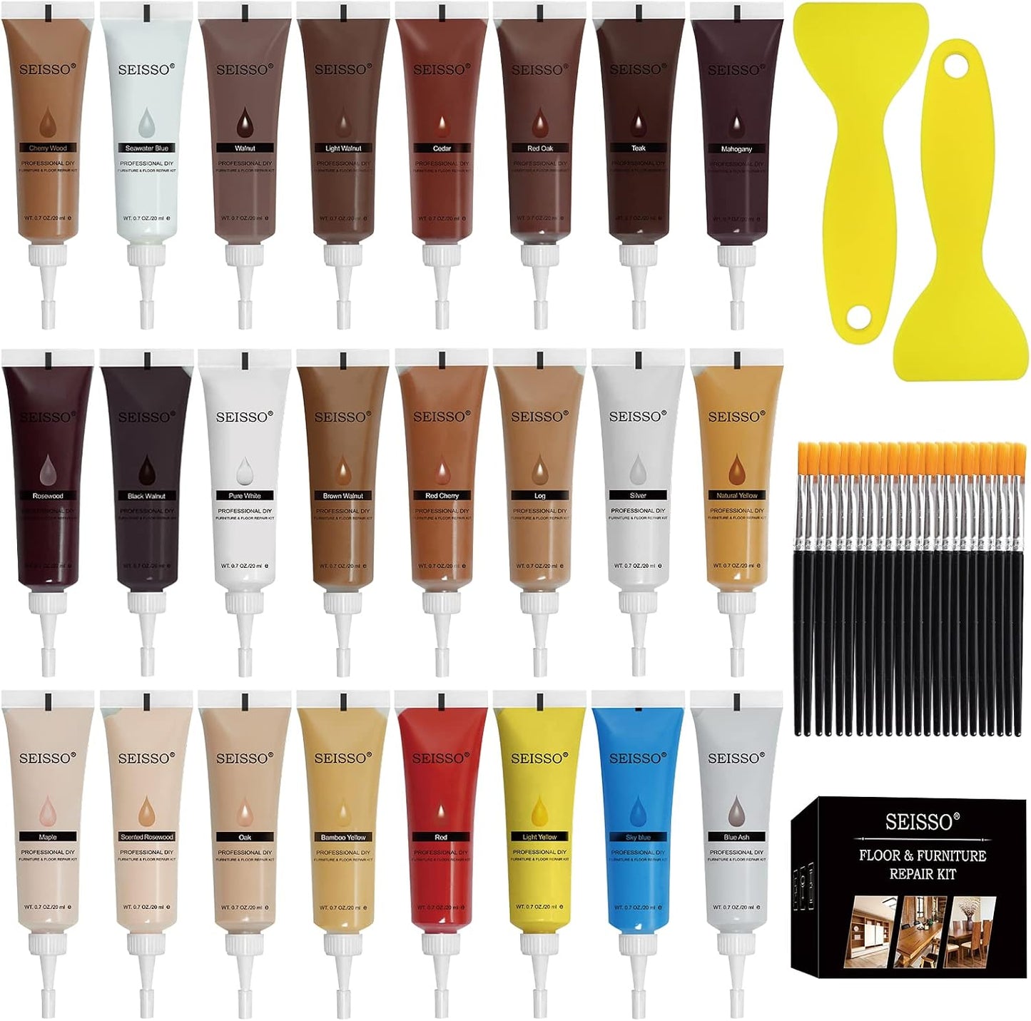 SEISSO Wood Furniture Repair Kit, Touch Up Markers Wood Fillers | Wood Putty with Polish Wax, 12 Colors Wood Repair Kit of Stains, Scratches, Holes, Cracks(40 PCs)