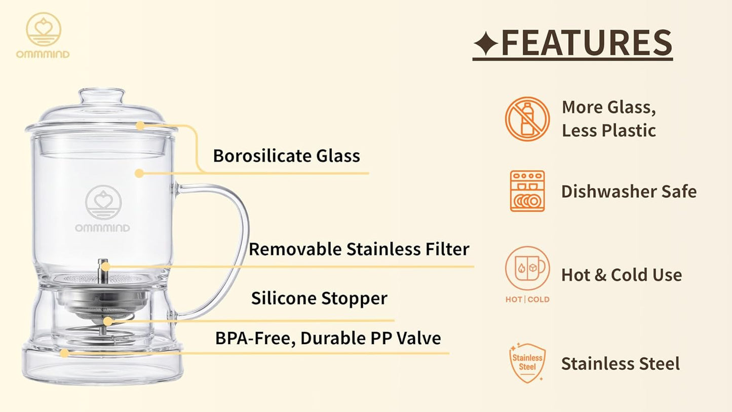 Glass Tea Infuser, Easy Drain for Loose Leaf, 15.2 oz, Black | Fits rims under 3.15 in; set on mug to drain, lift to stop, helps limit bitterness. Dishwasher safe; tea bags, herbs, coffee