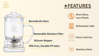Glass Tea Infuser, Easy Drain for Loose Leaf, 15.2 oz, Black | Fits rims under 3.15 in; set on mug to drain, lift to stop, helps limit bitterness. Dishwasher safe; tea bags, herbs, coffee