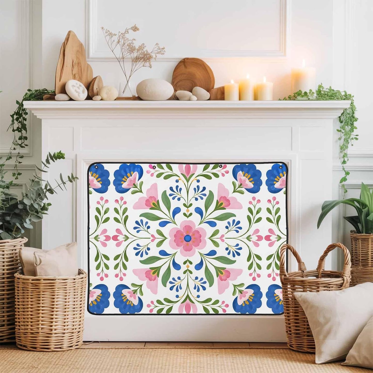 Magnetic Fireplace Cover Bird Branches Fireplace Screen Decorative Green Leaves Frame Insulation Fireplace Blocker Blanket Save Energy Fireplace Draft Stopper Covers for Living Room 45x34 Inch